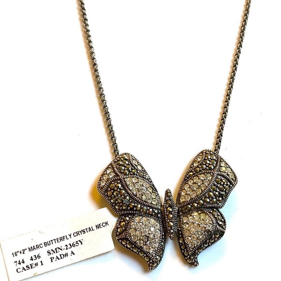 Sterling Silver Marcasite Butterfly Necklace With Crystal Accents - Picture 4 of 6